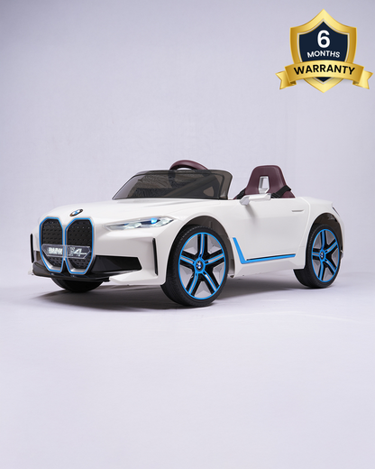 BMW i4 Ride On Car-Battery Operated-With Manual or Remote Option to Steer-Tough Tires with Rear Suspension-Integrated Music-Emotorad-For 3Y+ (Upto 30 kg)-White