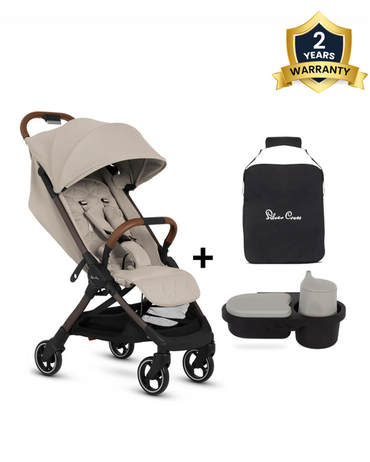 Silver Cross Clic 2 Cabin Friendly Stroller-With Snack Tray & Stroller Bag-One Hand Fold-Includes Rain Cover-For 0 to 4Y (Upto 22 kg)-Latte