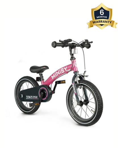 Qplay Miniby 3 in 1 Bike (14 Inch)-Balance Bike, Bicycle with Training Wheel Mode & Bicycle Mode-Adjustable Handlebar & Seat Height-Steering Limiter For Additional Safety-For 2.5 to 8Y-Pink