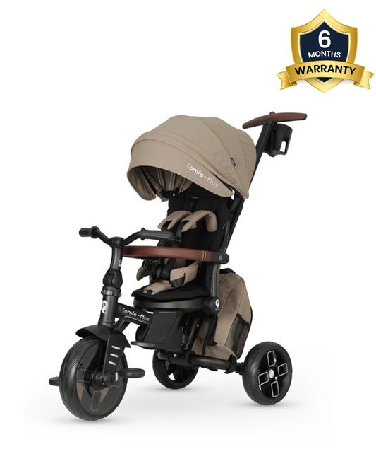 Qplay Comfo Max 7-in-1 Trike-Height Adjustable Parent Handle Bar-360 Degrees Rotating Seat-Adjustable Backrest-Foldable Frame-With Detachable Backpack-For 10M to 6Y (Upto 25 Kg)-Coffee