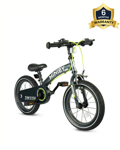 Qplay Miniby 3 in 1 Bike (14 Inch)-Balance Bike, Bicycle with Training Wheel Mode & Bicycle Mode-Adjustable Handlebar & Seat Height-Steering Limiter For Additional Safety-For 2.5 to 8Y-Grey