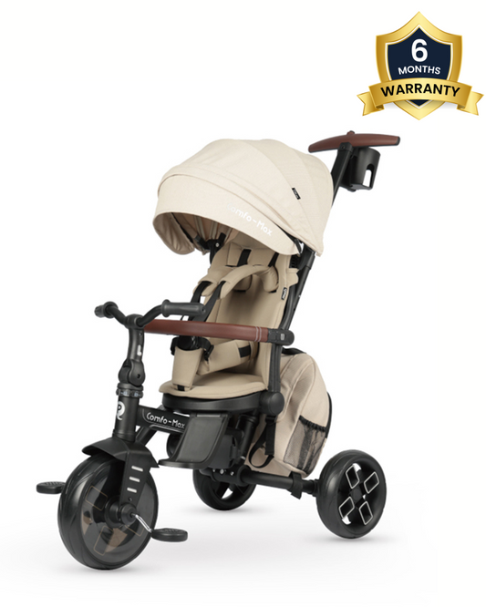 Qplay Comfo Max 7-in-1 Trike-Height Adjustable Parent Handle Bar-360 Degrees Rotating Seat-Adjustable Backrest-Foldable Frame-With Detachable Backpack-For 10M to 6Y (Upto 25 Kg)-Beige