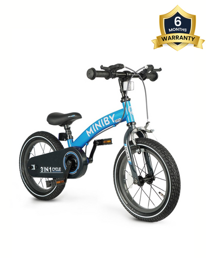 Qplay Miniby 3 in 1 Bike (14 Inch)-Balance Bike, Bicycle with Training Wheel Mode & Bicycle Mode-Adjustable Handlebar & Seat Height-Steering Limiter For Additional Safety-For 2.5 to 8Y-Blue