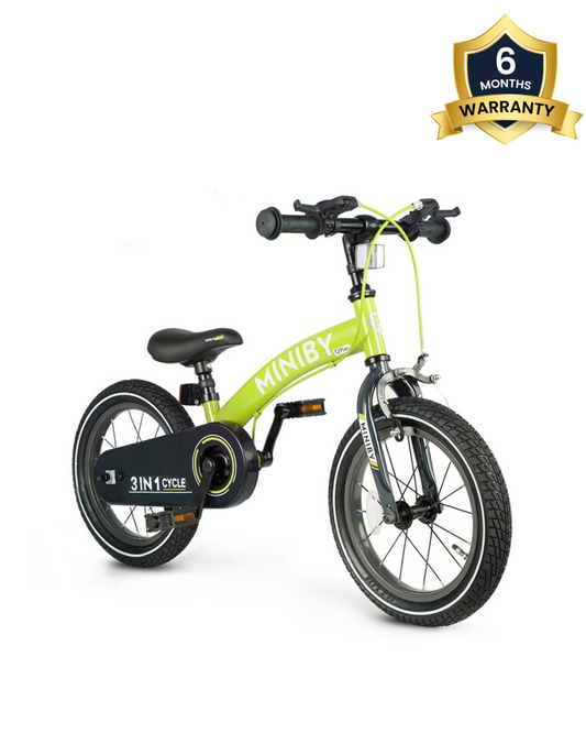 Qplay Miniby 3 in 1 Bike (14 Inch)-Balance Bike, Bicycle with Training Wheel Mode & Bicycle Mode-Adjustable Handlebar & Seat Height-Steering Limiter For Additional Safety-For 2.5 to 8Y-Green