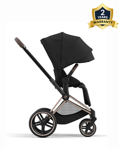 Cybex Priam Stroller-Height Adjustable Parent Handle Bar-Reversible & Flat Reclining Seat-One Hand Fold-Travel System Compatible-2 Years Warranty-For 0 to 4Y (Upto 22 Kg)-Rosegold Frame & Sepia Black Seat