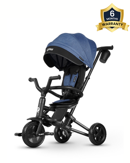 Qplay Nova Niello 6 in 1 Trike-Easy Compact Fold-Height Adjustable Parent Handle Bar-360 Degrees Rotating Seat-Adjustable Backrest-5 Point Harness-Includes Cup Holder-For 10 to 6Y (Upto 25 Kg)-Blue
