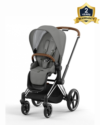 Cybex Priam Stroller-Height Adjustable Parent Handle Bar-Reversible & Flat Reclining Seat-One Hand Fold-Travel System Compatible-2 Years Warranty-For 0 to 4Y (Upto 22 Kg)-Chrome Brown Frame & Soho Grey Seat