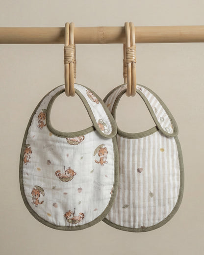 Twingle 100% Organic Muslin Bib-Soft Terry on the Back for maximum Absorbency-Trusted YKK Snaps-Roar & Autumn Print-Pack of 2-For Infants