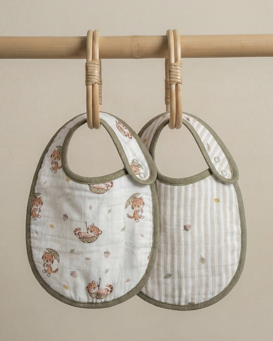Twingle 100% Organic Muslin Bib-Soft Terry on the Back for maximum Absorbency-Trusted YKK Snaps-Roar & Autumn Print-Pack of 2-For Infants