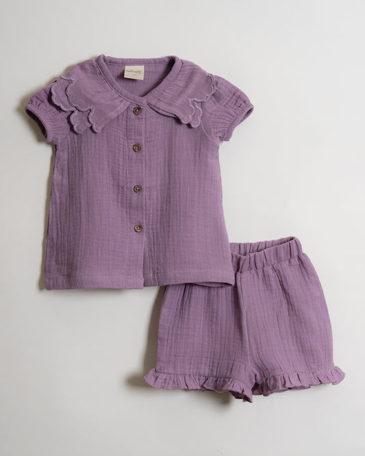 Twingle 100% Organic Muslin Shirt & Shorts Set-Puff Sleeves-Adjustable Waistband-Lavender-Soild-For Infants