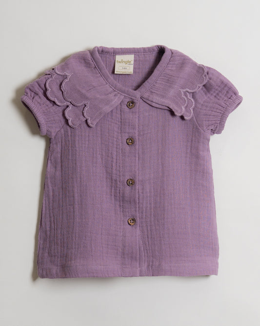 Twingle 100% Organic Muslin Shirt & Shorts Set-Puff Sleeves-Adjustable Waistband-Lavender-Soild-For Infants