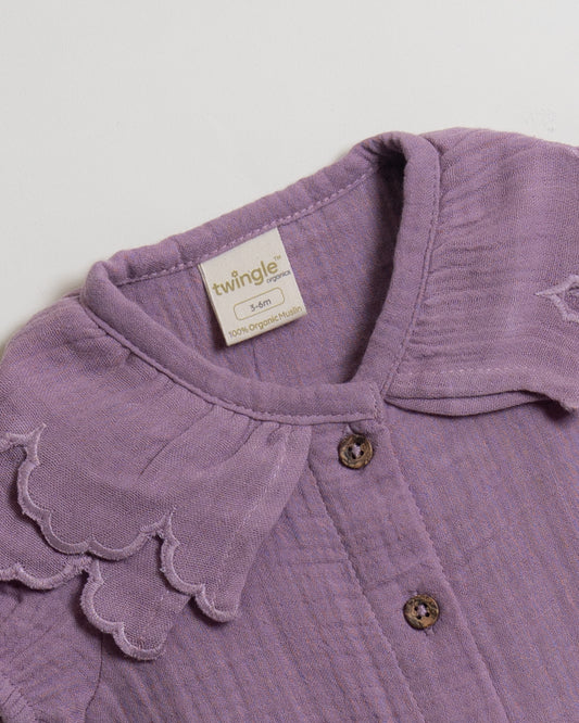 Twingle 100% Organic Muslin Shirt & Shorts Set-Puff Sleeves-Adjustable Waistband-Lavender-Soild-For Infants