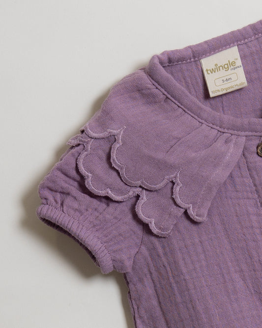 Twingle 100% Organic Muslin Shirt & Shorts Set-Puff Sleeves-Adjustable Waistband-Lavender-Soild-For Infants