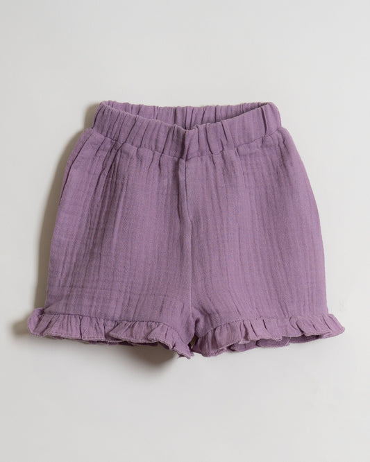 Twingle 100% Organic Muslin Shirt & Shorts Set-Puff Sleeves-Adjustable Waistband-Lavender-Soild-For Infants