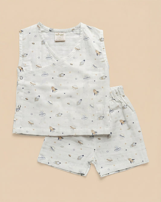 Twingle 100% Organic Muslin Jhabla & Shorts Set-Kimono Opening for Easy Dressing-Soft Elasticated Waistband-Aerospace-White-For Infants