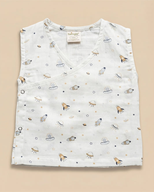 Twingle 100% Organic Muslin Jhablas-Lightweight & Breathable Fabric-Front Open for Easy Dressing-Aerospace & Dino-White-Pack of 2-For Infants