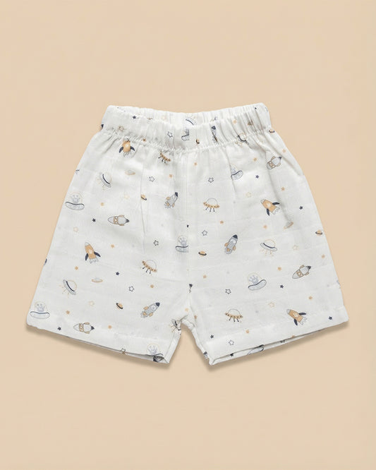 Twingle 100% Organic Muslin Jhabla & Shorts Set-Kimono Opening for Easy Dressing-Soft Elasticated Waistband-Aerospace-White-For Infants