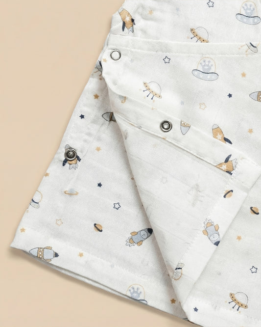 Twingle 100% Organic Muslin Jhablas-Lightweight & Breathable Fabric-Front Open for Easy Dressing-Aerospace & Dino-White-Pack of 2-For Infants