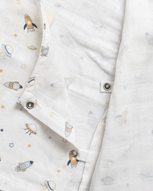 Twingle 100% Organic Muslin Jhablas-Lightweight & Breathable Fabric-Front Open for Easy Dressing-Aerospace & Dino-White-Pack of 2-For Infants