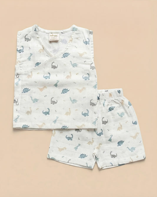Twingle 100% Organic Muslin Jhabla & Shorts Set-Kimono Opening for Easy Dressing-Soft Elasticated Waistband-Dino-White-For Infants
