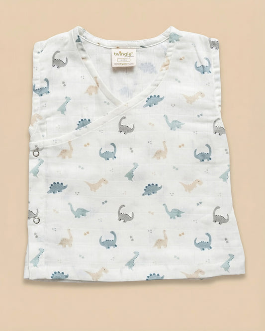 Twingle 100% Organic Muslin Jhabla & Shorts Set-Kimono Opening for Easy Dressing-Soft Elasticated Waistband-Dino-White-For Infants