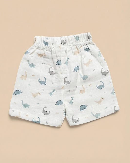 Twingle 100% Organic Muslin Jhabla & Shorts Set-Kimono Opening for Easy Dressing-Soft Elasticated Waistband-Dino-White-For Infants