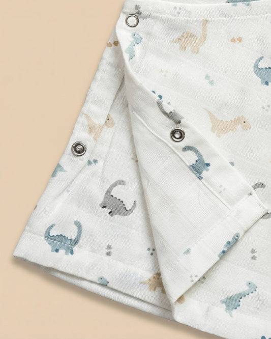 Twingle 100% Organic Muslin Jhabla & Shorts Set-Kimono Opening for Easy Dressing-Soft Elasticated Waistband-Dino-White-For Infants