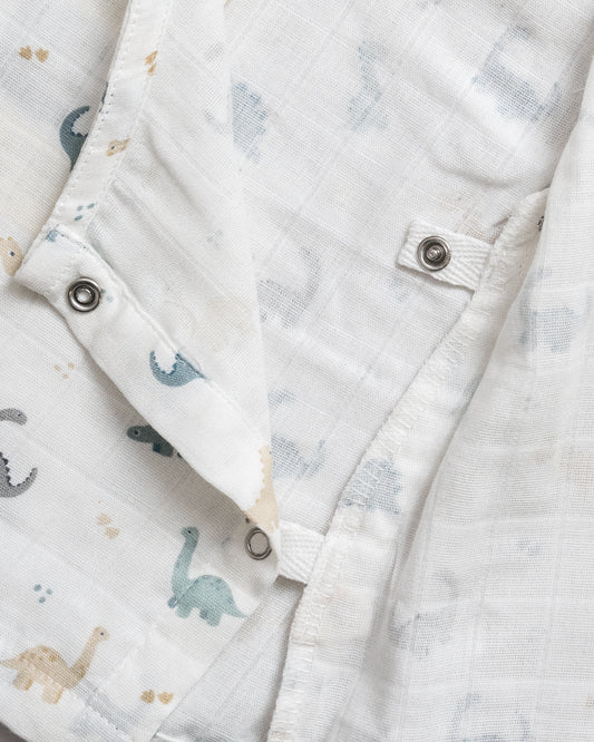 Twingle 100% Organic Muslin Jhabla & Shorts Set-Kimono Opening for Easy Dressing-Soft Elasticated Waistband-Dino-White-For Infants