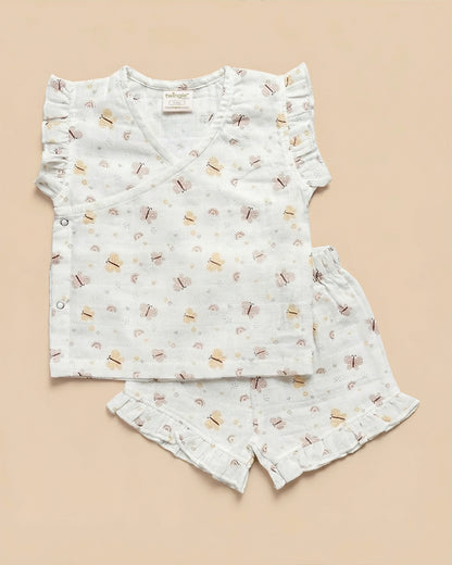 Twingle 100% Organic Muslin Jhabla & Shorts Set-Kimono Opening for Easy Dressing-Soft Elasticated Waistband-Butterfly-White-For Infants