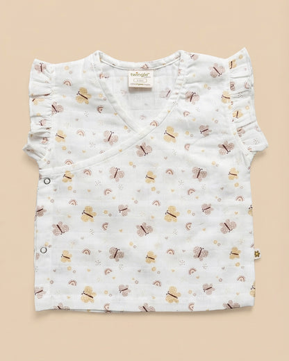 Twingle 100% Organic Muslin Jhabla & Shorts Set-Kimono Opening for Easy Dressing-Soft Elasticated Waistband-Butterfly-White-For Infants