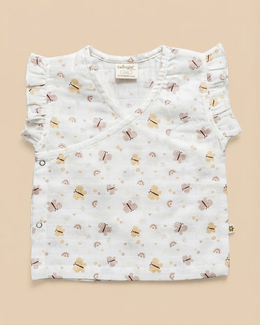 Twingle 100% Organic Muslin Jhabla & Shorts Set-Kimono Opening for Easy Dressing-Soft Elasticated Waistband-Butterfly-White-For Infants