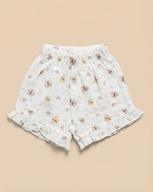 Twingle 100% Organic Muslin Jhabla & Shorts Set-Kimono Opening for Easy Dressing-Soft Elasticated Waistband-Butterfly-White-For Infants