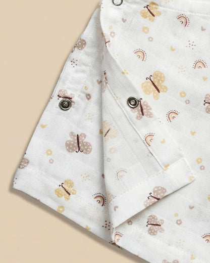 Twingle 100% Organic Muslin Jhabla & Shorts Set-Kimono Opening for Easy Dressing-Soft Elasticated Waistband-Butterfly-White-For Infants