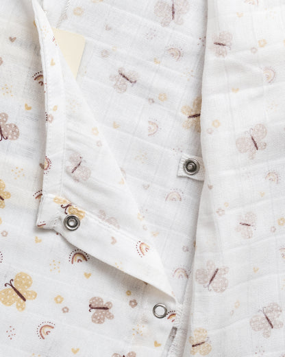 Twingle 100% Organic Muslin Jhabla & Shorts Set-Kimono Opening for Easy Dressing-Soft Elasticated Waistband-Butterfly-White-For Infants