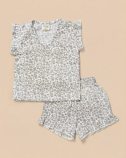 Twingle 100% Organic Muslin Jhabla & Shorts Set-Kimono Opening for Easy Dressing-Soft Elasticated Waistband-Lavender Ditsy-White-For Infants