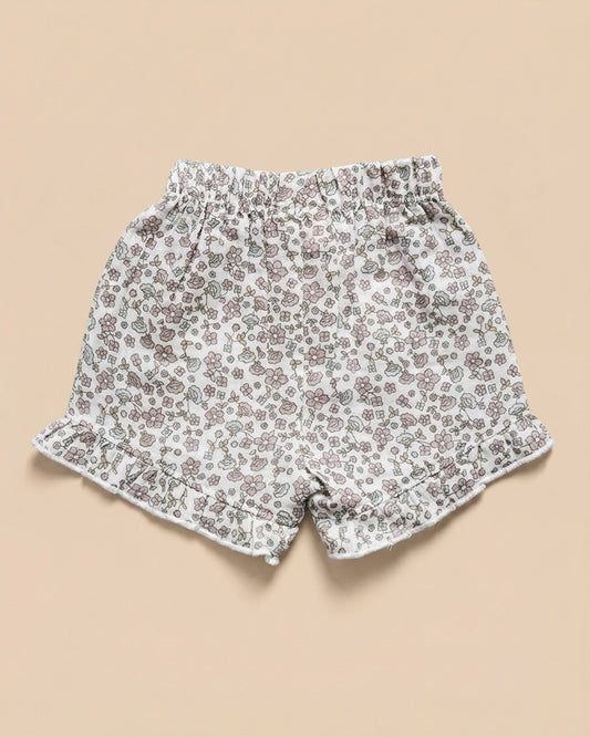 Twingle 100% Organic Muslin Jhabla & Shorts Set-Kimono Opening for Easy Dressing-Soft Elasticated Waistband-Lavender Ditsy-White-For Infants