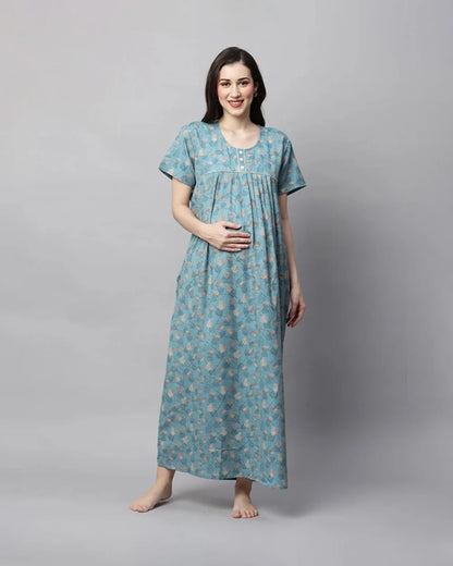 MomToBe Blue Maternity Nursing Nighty-Cotton Blend-Round Neck-Bump Friendly