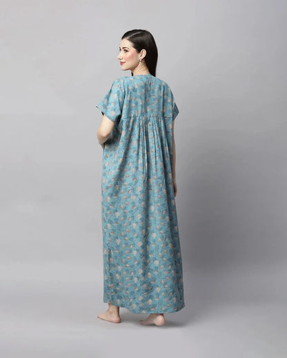 MomToBe Blue Maternity Nursing Nighty-Cotton Blend-Round Neck-Bump Friendly