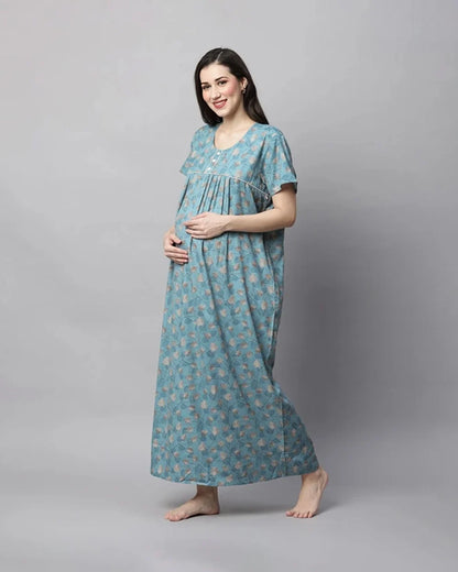 MomToBe Blue Maternity Nursing Nighty-Cotton Blend-Round Neck-Bump Friendly