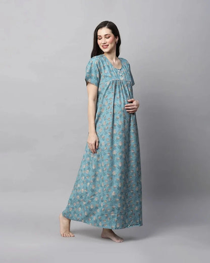 MomToBe Blue Maternity Nursing Nighty-Cotton Blend-Round Neck-Bump Friendly