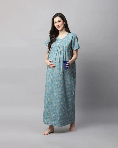 MomToBe Blue Maternity Nursing Nighty-Cotton Blend-Round Neck-Bump Friendly