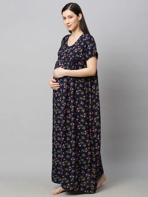 MomToBe Navy Blue Maternity Nursing Nighty-Cotton Blend-Round Neck-Bump Friendly