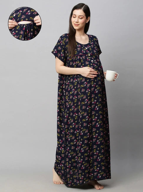 MomToBe Navy Blue Maternity Nursing Nighty-Cotton Blend-Round Neck-Bump Friendly