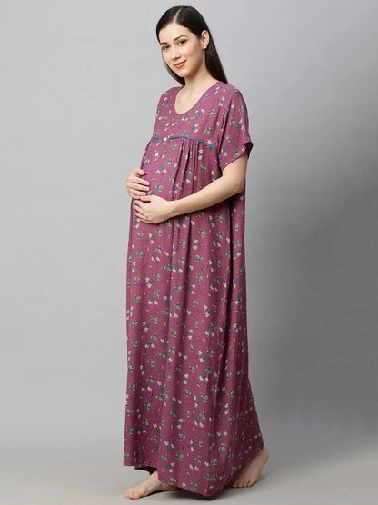 MomToBe Purple Maternity Nursing Nighty-Cotton Blend-Round Neck-Bump Friendly