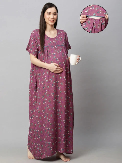 MomToBe Purple Maternity Nursing Nighty-Cotton Blend-Round Neck-Bump Friendly