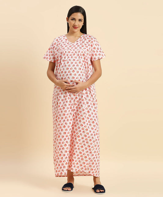 MomToBe Peach Maternity Nursing Nighty-Cotton-V Neck-Bump Friendly