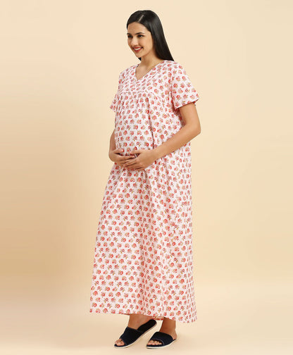 MomToBe Peach Maternity Nursing Nighty-Cotton-V Neck-Bump Friendly