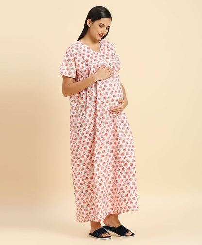 MomToBe Peach Maternity Nursing Nighty-Cotton-V Neck-Bump Friendly