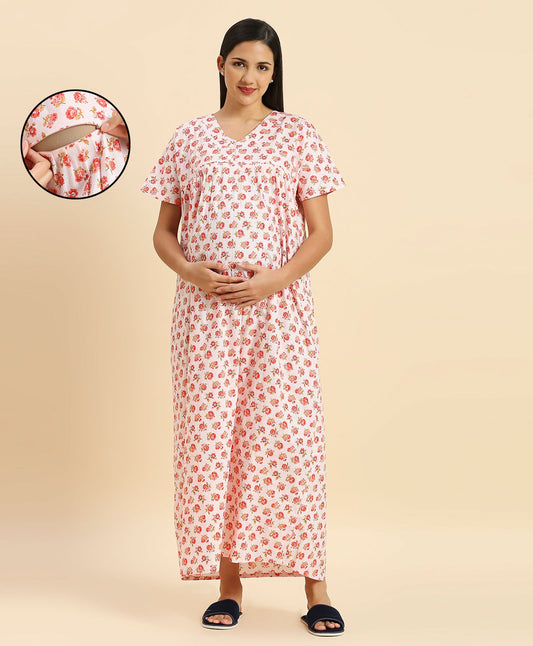 MomToBe Peach Maternity Nursing Nighty-Cotton-V Neck-Bump Friendly