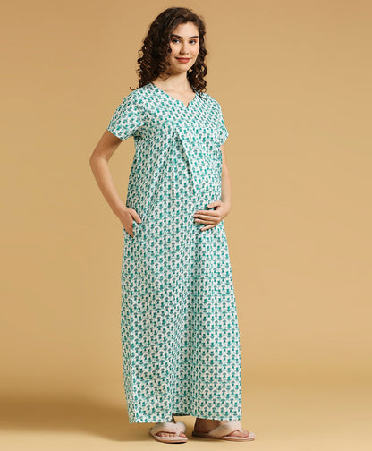 MomToBe Green Maternity Nursing Nighty-Cotton-V Neck-Bump Friendly